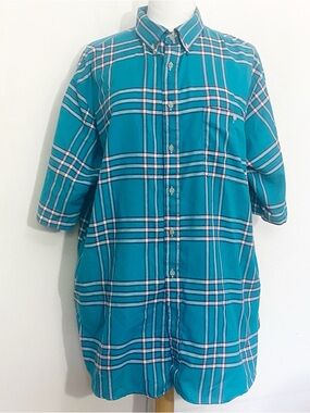 Womens Teal Plaid Button-Down Cotton Shirt - Classic Short Sleeve 2X